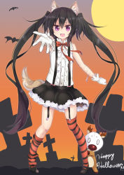 Rule 34 | 1girl, absurdres, amano kouki, animal costume, animal ears, antlers, bat (animal), black hair, black skirt, cross, fake animal ears, fake tail, fang, full moon, garter straps, gloves, halloween, halloween costume, happy halloween, highres, horns, jewelry, kemonomimi mode, latin cross, long hair, looking at viewer, moon, note-chan, open mouth, original, outstretched arm, purple eyes, reindeer antlers, reindeer costume, ribbon, skirt, sleeveless, smile, solo, striped clothes, striped thighhighs, suspenders, tail, thighhighs, twintails, very long hair, white gloves
