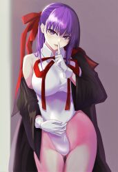 Rule 34 | 1girl, absurdres, bare shoulders, bb (fate), bb (fate) (all), bb (swimsuit mooncancer) (fate), bb (swimsuit mooncancer) (third ascension) (fate), black coat, blush, breasts, coat, fate/grand order, fate (series), finger to mouth, gloves, hair ribbon, highleg, highleg leotard, highres, index finger raised, kugiseiichi, large breasts, leotard, long hair, looking at viewer, neck ribbon, off shoulder, open clothes, open coat, open mouth, popped collar, purple eyes, purple hair, red ribbon, ribbon, shushing, smile, solo, thighs, very long hair, white gloves, white leotard