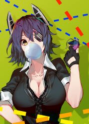Rule 34 | 1girl, absurdres, black gloves, black necktie, black shirt, breasts, checkered necktie, chewing gum, cleavage, collarbone, commentary request, eyepatch, gloves, hair between eyes, headgear, highres, kantai collection, looking at viewer, medium breasts, necktie, one eye covered, parted lips, partially fingerless gloves, purple hair, school uniform, shirt, short hair, solo, tenryuu (kancolle), upper body, yaminabe (yam1 nabe), yellow eyes