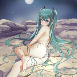 Rule 34 | 1girl, absurdres, ass, barefoot, blush, feet, green eyes, green hair, hair in own mouth, hatsune miku, highres, long hair, lying, night, on side, outdoors, panties, rock, semisweet, side-tie panties, solo, topless, twintails, underwear, underwear only, very long hair, vocaloid, white panties