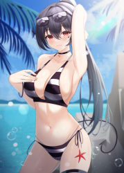 Rule 34 | 1girl, arm behind head, arm up, armpits, bare arms, bare shoulders, bikini, black choker, black hair, breasts, choker, cleavage, collarbone, contrapposto, cowboy shot, eyewear on head, facial mark, halterneck, highres, jayamon, large breasts, long hair, looking at viewer, navel, original, ponytail, red eyes, side-tie bikini bottom, solo, standing, starfish, stomach, string bikini, striped bikini, striped clothes, sunglasses, swimsuit, thigh strap, thighs, very long hair, wet
