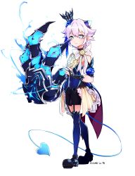 Rule 34 | 1boy, absurdres, bad id, bad pixiv id, black footwear, blue eyes, blue thighhighs, bow, bridal gauntlets, brooch, character name, claws, copyright name, crown, demon power (elsword), demon tail, elsword, frills, full body, genderswap, genderswap (ftm), highres, horns, jewelry, luciela r. sourcream, male focus, pointy ears, quai (hbee), shoes, shorts, smile, solo, standing, tail, thigh strap, thighhighs, transparent background, white background, white bow, white hair