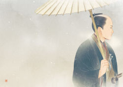 Rule 34 | 1boy, black kimono, chonmage, from side, holding, holding umbrella, japanese clothes, june mina, kimono, male focus, original, profile, solo, topknot, umbrella, upper body, white umbrella