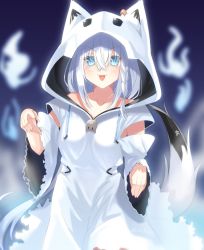 Rule 34 | 1girl, animal ear fluff, animal ears, blush, braid, breasts, collarbone, commentary request, fox ears, fox girl, fox tail, green eyes, hair between eyes, halloween costume, highres, hiiragi kifuyu, hitodama, hololive, hood, hood up, long hair, looking at viewer, outstretched arms, pentagram, shirakami fubuki, sidelocks, single braid, small breasts, solo, tail, tongue, tongue out, virtual youtuber, white hair