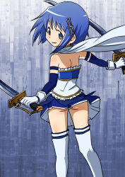 Rule 34 | 1girl, ass, blue eyes, blue hair, cape, dual wielding, female focus, frills, gloves, hair ornament, highres, holding, holding sword, holding weapon, looking back, magical girl, mahou shoujo madoka magica, miki sayaka, no panties, sat-c, short hair, skirt, solo, sword, thighhighs, weapon