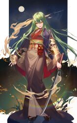 Rule 34 | 1girl, :d, alternate costume, arknights, black kimono, fire, full body, full moon, geta, green hair, highres, holding, holding sword, holding weapon, horns, hoshiguma (arknights), japanese clothes, katana, kernel killer, kimono, long hair, long sleeves, looking at viewer, mask, moon, night, night sky, oni mask, open mouth, outdoors, platform footwear, single horn, skin-covered horns, sky, smile, solo, standing, sword, tabi, very long hair, weapon, wide sleeves, yellow eyes