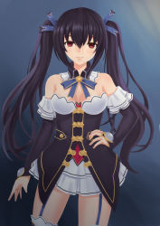 Rule 34 | 10s, 1girl, bare shoulders, black hair, breasts, hair ornament, hand on own hip, harami, highres, long hair, looking at viewer, neptune (series), noire (neptunia), red eyes, ribbon, solo, thighhighs, twintails