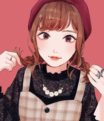 Rule 34 | 1girl, black shirt, braid, brown dress, brown eyes, brown hair, closed mouth, dress, frilled shirt, frills, hands up, hat, jewelry, lipstick, looking at viewer, makeup, original, red background, red hat, red lips, ring, shirt, simple background, smile, solo, star ring, tsunko (9v2 q), twin braids, unmoving pattern, upper body