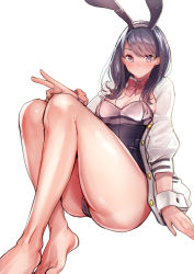 Rule 34 | 10s, 1girl, amane ruri, animal ears, ass, bare legs, barefoot, black hair, black leotard, blue eyes, blush, breasts, cardigan, closed mouth, fake animal ears, gridman universe, hairband, highres, legs, leotard, looking at viewer, open cardigan, open clothes, playboy bunny, rabbit ears, scrunchie, simple background, sitting, small breasts, solo, ssss.gridman, swept bangs, takarada rikka, thighs, v, white background, wrist cuffs, wrist scrunchie