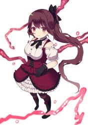 Rule 34 | 1girl, bad id, bad pixiv id, black bow, black footwear, black gloves, boots, bow, brown eyes, brown hair, brown pantyhose, cross-laced footwear, detached collar, frilled skirt, frills, full body, gloves, gothic wa mahou otome, hair bow, knee boots, lace-up boots, long hair, looking at viewer, nekomo, pantyhose, perspective, petticoat, ponytail, ranun (gothic wa mahou otome), red skirt, skirt, smile, solo, standing, underbust, white background