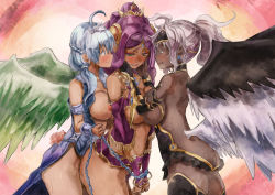 Rule 34 | 3girls, adapted costume, ahoge, andromeda (p&amp;d), armlet, ass, back, bad id, bad pixiv id, black legwear, blue eyes, blue hair, blush, boots, bracelet, bracer, breast press, breasts, breasts out, chain, circlet, colored pubic hair, crown, dark-skinned female, dark angel metatron (p&amp;d), dark skin, diadem, dress, durga (p&amp;d), earrings, eyeliner, feathered wings, female pubic hair, flower, girl sandwich, green eyes, green wings, hair ornament, hands on another&#039;s face, jewelry, large breasts, long hair, looking down, makeup, multiple girls, multiple wings, necklace, nipples, open mouth, pubic hair, purple hair, puzzle &amp; dragons, rose, sandwiched, silver hair, smile, symmetrical docking, tan, thigh boots, thighhighs, wings, yohane