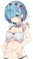 Rule 34 | 10s, 1girl, bare shoulders, blue eyes, blue hair, breasts, cleavage, clothes pull, commentary request, detached collar, dress pull, eyebrows, hair ornament, hair over one eye, hairband, looking down, maid, maid headdress, medium breasts, nao (qqqbb), navel, re:zero kara hajimeru isekai seikatsu, rem (re:zero), ribbon, short hair, simple background, solo, upper body, white background, x hair ornament