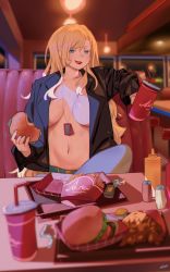 Rule 34 | 1girl, belt, black jacket, blonde hair, blue eyes, breasts, burger, cleavage, colored eyelashes, cup, disposable cup, dog tags, drinking straw, fast food, food, french fries, green belt, highres, holding, holding cup, holding food, indoors, jacket, jewelry, ketchup, large breasts, long hair, mustard, navel, necklace, no bra, open clothes, open jacket, open mouth, original, restaurant, ryusei hashida, sitting, solo, stomach, tray