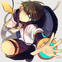 Rule 34 | 1boy, aqua eyes, belt, black collar, black legwear, black shorts, black sleeves, blonde hair, blurry, blurry background, collar, commentary, detached sleeves, english commentary, from above, full body, headphones, headset, hikusa, jacket, kagamine len, leg warmers, looking at viewer, male focus, mixed-language commentary, necktie, neon lights, neon trim, outstretched hand, parted lips, reaching, reaching towards viewer, sailor collar, school uniform, shirt, short hair, shorts, squatting, vocaloid, white jacket, white shirt, yellow neckwear