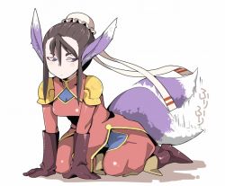 Rule 34 | 1girl, animal ears, black hair, breasts, breath of fire, breath of fire iv, bun cover, eyeshadow, gloves, makeup, purple eyes, short hair, solo, tail, tail wagging, ursula (breath of fire), yucopi
