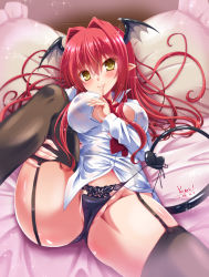 Rule 34 | 1girl, artist name, bikini, black panties, black thighhighs, blush, breasts, cameltoe, collared shirt, covered erect nipples, dated, demon tail, demon wings, dress shirt, finger to mouth, garter straps, groin, hair between eyes, hair intakes, head wings, highres, koakuma, lace, lace-trimmed panties, lace trim, large breasts, long hair, long sleeves, lying, necktie, no bra, no pants, on back, on bed, panties, pillow, pointy ears, red hair, red necktie, shirt, side-tie bikini bottom, side-tie panties, smile, solo, spread legs, swimsuit, tail, thighhighs, touhou, underwear, white shirt, wings, yamu (reverse noise), yellow eyes