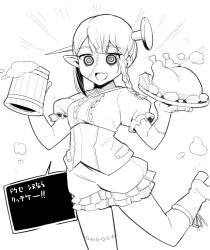 Rule 34 | 1girl, asymmetrical ears, barmaid, blunt bangs, boots, braided sidelock, bubble skirt, center frills, character request, chicken (food), commentary request, corset, cup, fang, food, foot out of frame, frilled skirt, frills, froth, greyscale, high heel boots, high heels, holding, holding cup, holding tray, long pointy ears, looking at viewer, medium hair, miniskirt, monochrome, mug, nail, nazono77, object through head, open mouth, path of the abyss, pointy ears, puffy short sleeves, puffy sleeves, ringed eyes, shirt, short hair with long locks, short sleeves, simple background, skin fang, skirt, smile, solo, speech bubble, standing, standing on one leg, steam, stitched arm, stitched face, stitched leg, stitches, translation request, tray