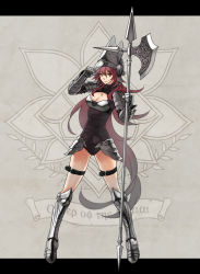 Rule 34 | 1girl, armor, belt, breasts, cleavage, female focus, full body, gauntlets, greaves, halberd, helm, helmet, kalnow, leotard, letterboxed, long hair, pixiv fantasia, pixiv fantasia wizard and knight, polearm, red hair, smile, solo, weapon, yellow eyes