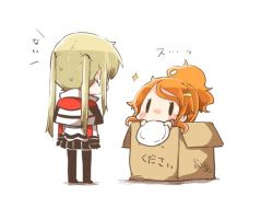 Rule 34 | 10s, 2girls, aquila (kancolle), blonde hair, blush, box, cardboard box, chibi, commentary, from behind, graf zeppelin (kancolle), hair ornament, hairclip, in box, in container, kantai collection, multiple girls, orange hair, pantyhose, plate, ponytail, rebecca (keinelove), solid oval eyes, sweat, translated, twintails, white background