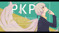 Rule 34 | 1girl, absurdres, ahoge, bad id, bad pixiv id, blazer, blue jacket, character name, closed mouth, english text, finger to mouth, from side, girls&#039; frontline, grey hair, highres, jacket, long hair, looking at viewer, official alternate costume, pkp (girls&#039; frontline), pkp (l.a.d.y) (girls&#039; frontline), sarasa dry, shirt, simple background, solo, very long hair, yellow eyes, yellow shirt