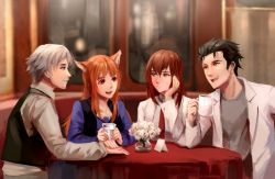 Rule 34 | 2boys, 2girls, animal ears, bad id, bad twitter id, black hair, brown hair, cafe, commentary, commission, craft lawrence, crossover, facial hair, flower, holo, lab coat, long hair, makise kurisu, multiple boys, multiple girls, necktie, okabe rintarou, open mouth, orange hair, purple eyes, red eyes, red neckwear, reddverse, short hair, grey eyes, silver hair, sitting, smile, spice and wolf, steins;gate, table, wolf ears, yellow eyes