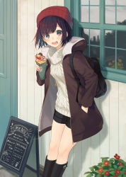 Rule 34 | 1girl, :d, aran sweater, backpack, bag, beanie, black footwear, black hair, black shorts, blush, boots, breasts, brown jacket, cable knit, cafe, commentary request, crepe, door, flower, food, food on face, hand in pocket, hand up, hat, highres, holding, hood, hood down, hooded jacket, jacket, jewelry, knee boots, leaning back, long sleeves, looking at viewer, menu board, necklace, open clothes, open jacket, open mouth, original, outdoors, plant, potted plant, red eyes, red flower, red hat, ribbed sweater, shadow, short hair, short shorts, shorts, sidelocks, small breasts, smile, solo, sweater, taranboman, thighs, turtleneck, turtleneck sweater, white sweater, window, zipper, zipper pull tab