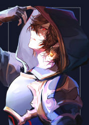 Rule 34 | 1boy, arm up, armor, banned artist, black background, black gloves, breastplate, brown hair, commentary, earrings, fingerless gloves, frown, gloves, granblue fantasy, hood, hood up, jewelry, looking at viewer, male focus, red eyes, sandalphon (granblue fantasy), shaded face, short hair, shoulder armor, sideways glance, solo, teeth, tsukumi (tkmillust), upper body
