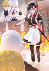 Rule 34 | 1boy, 2girls, apron, bandaged arm, bandages, black gloves, black hair, black thighhighs, blonde hair, blood, blood on face, breasts, cleavage, fire, gloves, green eyes, grey hair, hair between eyes, highres, holding, holding sword, holding weapon, kfr, large breasts, long hair, maid headdress, multiple girls, multiple views, original, parted bangs, ponytail, purple eyes, red eyes, short hair, sword, thighhighs, waist apron, weapon
