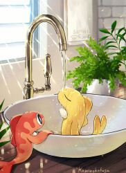 Rule 34 | artist name, brick wall, bright pupils, closed eyes, counter, creatures (company), diffraction spikes, faucet, fish, game freak, highres, indoors, kaminokefusa, light rays, nintendo, no humans, plant, pokemon, pokemon (creature), potted plant, sink, sunlight, tatsugiri, towel, water, wet, white pupils, window