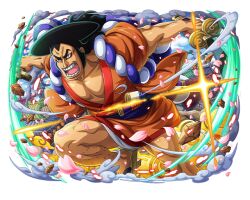Rule 34 | 1boy, attack, battle, dual wielding, eyeliner, facial hair, fighting, food, holding, kouzuki oden, legs, long hair, makeup, male focus, muscular, muscular male, non-web source, oden, one piece, one piece treasure cruise, red eyeliner, samurai, sideburns, sword, teeth, thighs, weapon