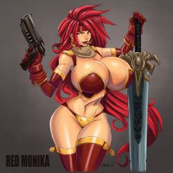 Rule 34 | 1girl, armor, artist name, battle chasers, bikini armor, breasts, character name, cleavage, contrapposto, curvy, devil-v, earrings, green eyes, gun, highres, huge breasts, huge weapon, jewelry, legs, lips, lipstick, long hair, makeup, naughty face, red hair, red monika, red thighhighs, simple background, solo, sword, thigh gap, thighhighs, thighs, very long hair, weapon, wide hips