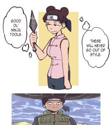 Rule 34 | 1girl, bare shoulders, black eyes, blue pants, brown hair, closed mouth, commentary, double bun, english commentary, english text, forehead protector, green jacket, hair bun, holding, holding weapon, jacket, konohagakure symbol, kunai, meteor, multiple views, naruto, naruto (series), naruto shippuuden, pants, pink shirt, plow (witch parfait), shirt, sleeveless, sleeveless shirt, tenten (naruto), thought bubble, weapon