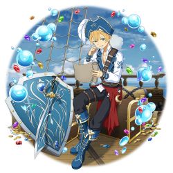 Rule 34 | 1boy, barrel, black pants, blonde hair, blue eyes, blue footwear, blue hat, blue sky, blue vest, boots, cloud, coin, collarbone, collared shirt, dress shirt, eugeo, feathers, full body, gem, gold coin, grin, hair between eyes, hat, hat feather, highres, knee boots, male focus, ocean, official art, open clothes, open vest, pants, pirate hat, saber (weapon), shield, shirt, short hair, sitting, sky, smile, solo, sword, sword art online, sword art online: memory defrag, thigh strap, transparent background, vest, weapon, white feathers, white shirt, wing collar