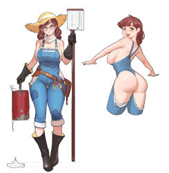 Rule 34 | 1girl, :d, ass, backboob, bare shoulders, black footwear, black gloves, breasts, brown eyes, brown hair, bucket, cleavage, cropped legs, ezi, farmer, freckles, from behind, glasses, gloves, hand up, hat, highres, holding, holding bucket, large breasts, looking at viewer, looking back, multiple views, naked overalls, open mouth, original, overalls, round eyewear, simple background, smile, straw hat, sun hat, thighs, tongue, white background
