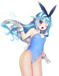 Rule 34 | 1girl, ;d, animal ears, bare shoulders, blue hair, blush, bow, bowtie, breasts, covered navel, detached collar, fake animal ears, fishnet pantyhose, fishnets, hair intakes, hair ornament, highres, kashiwamochi yomogi, long hair, looking at viewer, mogami yoshiaki (sengoku collection), one eye closed, open mouth, pantyhose, playboy bunny, rabbit ears, rabbit tail, red eyes, sengoku collection, simple background, small breasts, smile, solo, tail, very long hair, white background, wrist cuffs