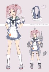 Rule 34 | 1girl, adapted turret, apron, badge, black neckwear, blue sailor collar, blue skirt, cannon, character name, commentary request, full body, gloves, grey background, hair bobbles, hair ornament, kantai collection, kneehighs, looking at viewer, machinery, minosu, multiple views, neck ribbon, original remodel (kantai collection), pink eyes, pink hair, pleated skirt, puffy short sleeves, puffy sleeves, ribbon, sailor collar, sazanami (kancolle), school uniform, serafuku, shoes, short hair, short sleeves, skirt, socks, standing, turret, twintails, uwabaki, waist apron, white apron, white gloves, white socks, wrist cuffs
