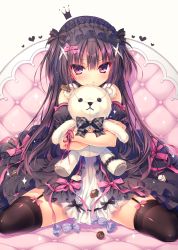 Rule 34 | 1girl, 2017, bare shoulders, black hair, black thighhighs, bow, chocolate, commentary request, garter straps, gothic lolita, hairband, heart, lolita fashion, lolita hairband, long hair, hugging object, original, pout, purple eyes, rubi-sama, sitting, solo, spread legs, stuffed animal, stuffed toy, teddy bear, thighhighs, two side up