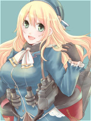 Rule 34 | 10s, 1girl, atago (kancolle), black gloves, blonde hair, blue background, blush, breasts, gloves, green eyes, hat, jacket, kantai collection, large breasts, long hair, military, military jacket, military uniform, open mouth, personification, rimu (lim 9523), smile, solo, uniform