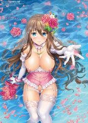 Rule 34 | 1girl, aji pontarou, ajipontarou, blue eyes, blush, breasts, brown hair, choker, corset, crotchless, crotchless panties, elbow gloves, flower, foreshortening, garter straps, gloves, hair flower, hair ornament, highres, jewelry, large breasts, looking at viewer, necklace, nipples, original, panties, partially submerged, petals, puffy nipples, reaching, reaching towards viewer, rose, smile, solo, thighhighs, underwear, veil, water, white gloves, white panties, white thighhighs