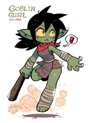 Rule 34 | 1girl, :&lt;, absurdres, bandaged arm, bandaged leg, bandages, black hair, breasts, colored sclera, fang, fantasy, female goblin, goblin, highres, holding, holding stick, medium breasts, mixed-language commentary, original, rags, rariatto (ganguri), red scarf, rock, running, scarf, sketch background, stick, underbite, white background, yellow sclera