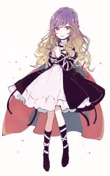 Rule 34 | 1girl, black footwear, black jacket, blonde hair, blush, boots, cape, closed mouth, cross-laced footwear, dot nose, dress, frilled dress, frills, gradient hair, hands up, hijiri byakuren, jacket, long hair, long sleeves, looking at viewer, mozukuzu (manukedori), multicolored hair, open clothes, open jacket, own hands clasped, own hands together, purple hair, red cape, simple background, sketch, smile, solo, standing, touhou, wavy hair, white background, white dress, yellow eyes