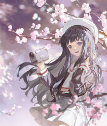 Rule 34 | 1girl, :d, adjusting hair, artist name, black hair, blunt bangs, blurry, blurry foreground, camcorder, camera, cardcaptor sakura, cherry blossoms, chinese commentary, commentary request, daidouji tomoyo, floral background, hand up, hat, holding, holding camera, long hair, long sleeves, looking at viewer, open mouth, pleated skirt, purple eyes, sailor collar, sailor hat, school uniform, sidelighting, skirt, smile, solo, teeth, tomoeda elementary school uniform, twitter username, upper teeth only, video camera, white hat, white skirt, wrist cuffs, xiaojiaju