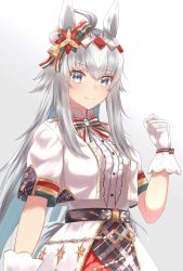 Rule 34 | 1girl, ahoge, animal ears, blue eyes, bow, bowtie, brooch, center frills, christmas, clenched hand, closed mouth, commentary, cropped jacket, ear bow, frills, gloves, gradient background, grey background, hair bow, hair ornament, high collar, highres, horse ears, horse girl, jacket, jewelry, long hair, looking at viewer, official alternate costume, oguri cap (miraculous white star) (umamusume), oguri cap (umamusume), shirt, short sleeves, silver hair, skirt, smile, solo, standing, uji (966qrr), umamusume, white gloves, white jacket, white shirt, white skirt