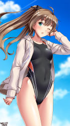 Rule 34 | 1girl, black one-piece swimsuit, blue eyes, blue sky, breasts, brown hair, cloud, cloudy sky, collarbone, competition swimsuit, covered navel, cowboy shot, dated, day, hair between eyes, highleg, highleg swimsuit, highres, hood, hooded jacket, jacket, kantai collection, kumano (kancolle), long hair, looking at another, one-piece swimsuit, one eye closed, open mouth, outdoors, ponytail, sky, small breasts, solo, sunlight, swimsuit, tsuchimiya, white jacket