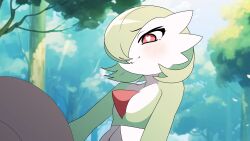Rule 34 | 1boy, 1girl, :&gt;, blue sky, blush, bob cut, bright pupils, closed mouth, collarbone, colored skin, creatures (company), day, female focus, flat chest, florian (pokemon), forest, game freak, gardevoir, gen 3 pokemon, grapeanime, green hair, green skin, grey headwear, hair over one eye, half-closed eyes, hat, heart, heart-shaped pupils, highres, looking at another, multicolored skin, nature, nintendo, one eye covered, outdoors, pokemon, pokemon (creature), pokemon sv, raised eyebrows, red eyes, short hair, sky, solo focus, symbol-shaped pupils, tree, two-tone skin, white pupils, white skin