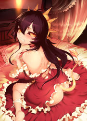 Rule 34 | 1girl, absurdres, ahoge, ass, back, bare shoulders, barefoot, bed, bedroom, black hair, black nails, black sclera, blush, butt crack, choker, christina (tanaka the wizard), clenched teeth, clothes down, colored sclera, crown, curtains, dragon girl, dress, artistic error, feet, fingernails, frilled dress, frilled panties, frills, from behind, hair between eyes, highres, implied masturbation, indoors, long fingernails, long hair, long toenails, looking at viewer, looking back, m-da s-tarou, nail polish, on bed, original, panties, panties around leg, pillow, red dress, sharp fingernails, sharp teeth, sharp toenails, sitting, skirt, unworn skirt, slit pupils, soles, solo, sweat, tail, tanaka the wizard, teeth, toenail polish, toenails, toes, underwear, wariza, white panties, yellow eyes