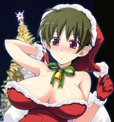Rule 34 | 1girl, :o, armpits, bell, breasts, christmas, christmas tree, cleavage, gloves, hat, large breasts, red gloves, ribbon, sack, santa costume, santa hat, short hair, solo, tomomimi shimon, upper body