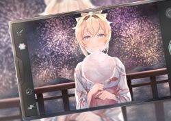 Rule 34 | 1girl, absurdres, blonde hair, blue eyes, blurry, blurry background, cellphone, ch13, cotton candy, fireworks, highres, hololive, japanese clothes, kazama iroha, kimono, night, phone, ponytail, railing, smartphone, smile, taking picture, virtual youtuber, yukata