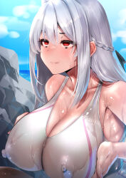 Rule 34 | 1girl, andou you, blue sky, braid, breasts, breasts squeezed together, closed mouth, collarbone, competition swimsuit, covered erect nipples, grey hair, grey one-piece swimsuit, large breasts, long hair, ocean, one-piece swimsuit, original, red eyes, sidelocks, sky, swimsuit, upper body, wet, wet clothes, wet swimsuit