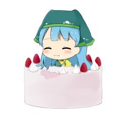 Rule 34 | 1girl, :t, apron, bad id, bad pixiv id, blue hair, blue headwear, blush stickers, cake, closed eyes, commentary request, facing viewer, food, food on face, fruit, haniyasushin keiki, hood, in food, jewelry, long hair, magatama, magatama necklace, name connection, necklace, object namesake, parted bangs, poco (zdrq3), pun, shirt, simple background, solo, strawberry, touhou, upper body, whipped cream, white background, yellow shirt